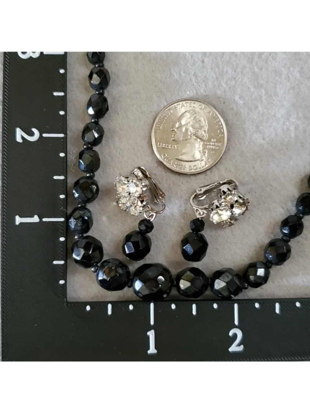 Vintage Beaded Necklace Earring Lot Faceted Black Glass Clip On 14-15
